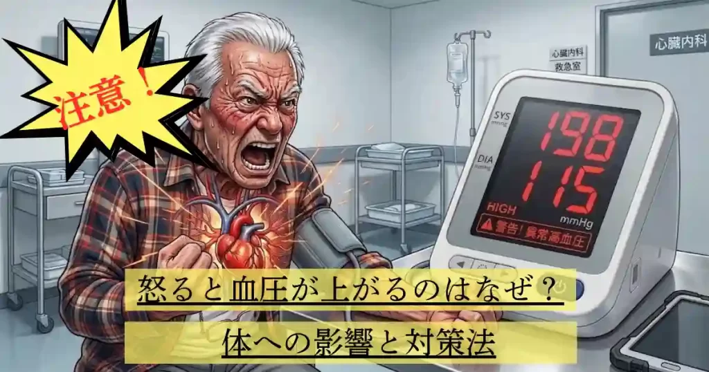 激しい怒りの表情で叫ぶ高齢男性と、異常な高血圧(上198、下115)を示すデジタル血圧計のイラスト。男性の胸には赤く脈打つ心臓が描かれている。画像左上の黄色の吹き出しには赤文字で『注意!』、画像下部の黄色の帯には黒文字で『怒ると血圧が上がるのはなぜ?体への影響と対策法』という記事タイトルが書かれている。