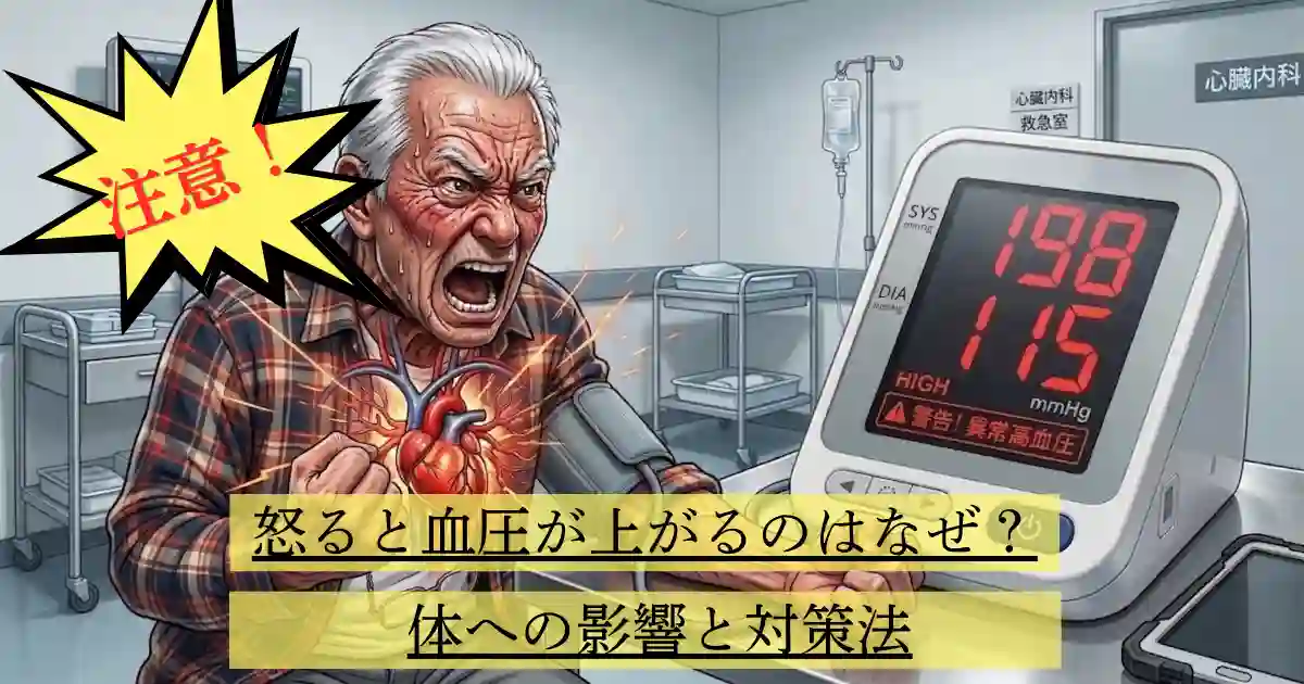 激しい怒りの表情で叫ぶ高齢男性と、異常な高血圧（上198、下115）を示すデジタル血圧計のイラスト。男性の胸には赤く脈打つ心臓が描かれている。画像左上の黄色の吹き出しには赤文字で『注意！』、画像下部の黄色の帯には黒文字で『怒ると血圧が上がるのはなぜ？体への影響と対策法』という記事タイトルが書かれている。