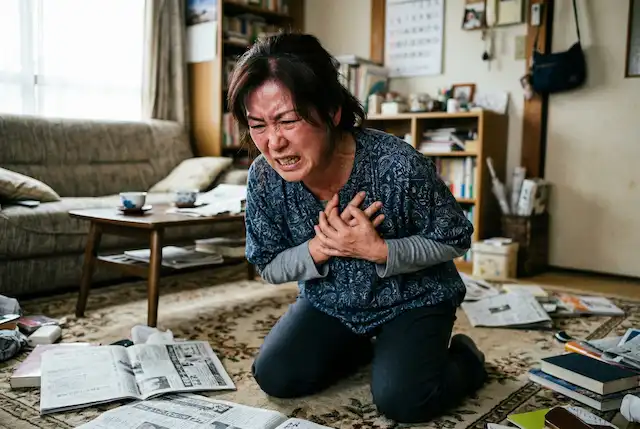 散乱した新聞や本のある家庭の居間で、50代の日本人女性が畳の上に膝立ちになり、両手で胸を強く押さえ、顔を歪めて苦悶しているフォトリアルな画像。繰り返される激しい怒りが心臓に深刻な負担をかけ、心臓発作のリスクが高まっている緊迫した状況を表現している。