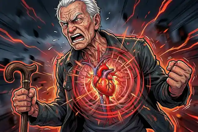 激しい怒りの表情で杖と拳を握りしめる高齢男性のイラスト。その胸元では、真っ赤に燃え上がるような心臓が、激しく、かつ波紋を描くようにドクドクと鼓動しており、心臓への急激な負担と血圧上昇のイメージを表現している。