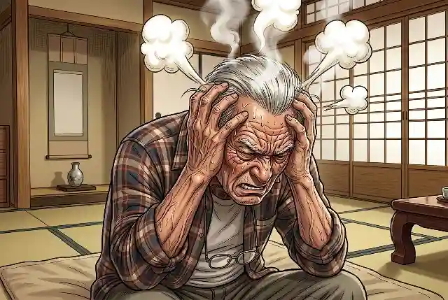 和室の畳の上に座り、両手で頭を抱えて苦闷の表情を浮かべる、白髪でチェック柄のシャツを着た高齢男性のイラスト。頭の両側からは大量の白い湯気が激しく立ち上っており、激しい怒りやストレスによって身体が「オーバーヒート」している様子を漫画的に表現している。首からは眼鏡が下がっている。見出し「怒りが体に与える具体的な影響」の文脈で、怒りが身体に及ぼす物理的な負担を視覚的に伝えている。