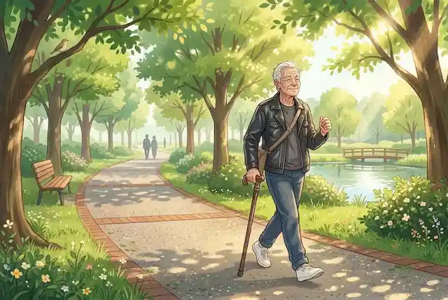 朝の光が木漏れ日となって差し込む、緑豊かな公園の遊歩道を、穏やかな笑顔を浮かべた白髪の高齢男性が、レザージャケットとジーンズ姿で、杖を使いながら気持ちよさそうに散歩しているイラスト。以前の画像（激しい怒りで心臓に負担をかけていた状態）とは対照的に、怒りを防ぐための長期的な日常習慣（有酸素運動）の実践と、穏やかな生活をイメージしている。