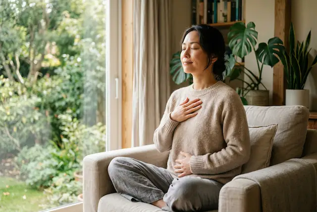 自然光が差し込む窓辺のソファにリラックスして座り、目を閉じて穏やかな表情で深呼吸をしている女性の画像。片手を胸に、もう片手をお腹に当てて心を落ち着かせており、怒りを鎮めて上がった血圧を安全に下げるための具体的な即効対策を実践している様子を表現している。